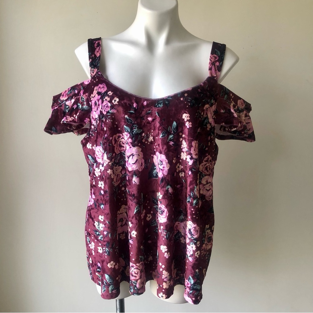 🌼 Self Esteem Burgundy Floral Velvet Ruffle Sleeve Top 1X - Picture 3 of 6